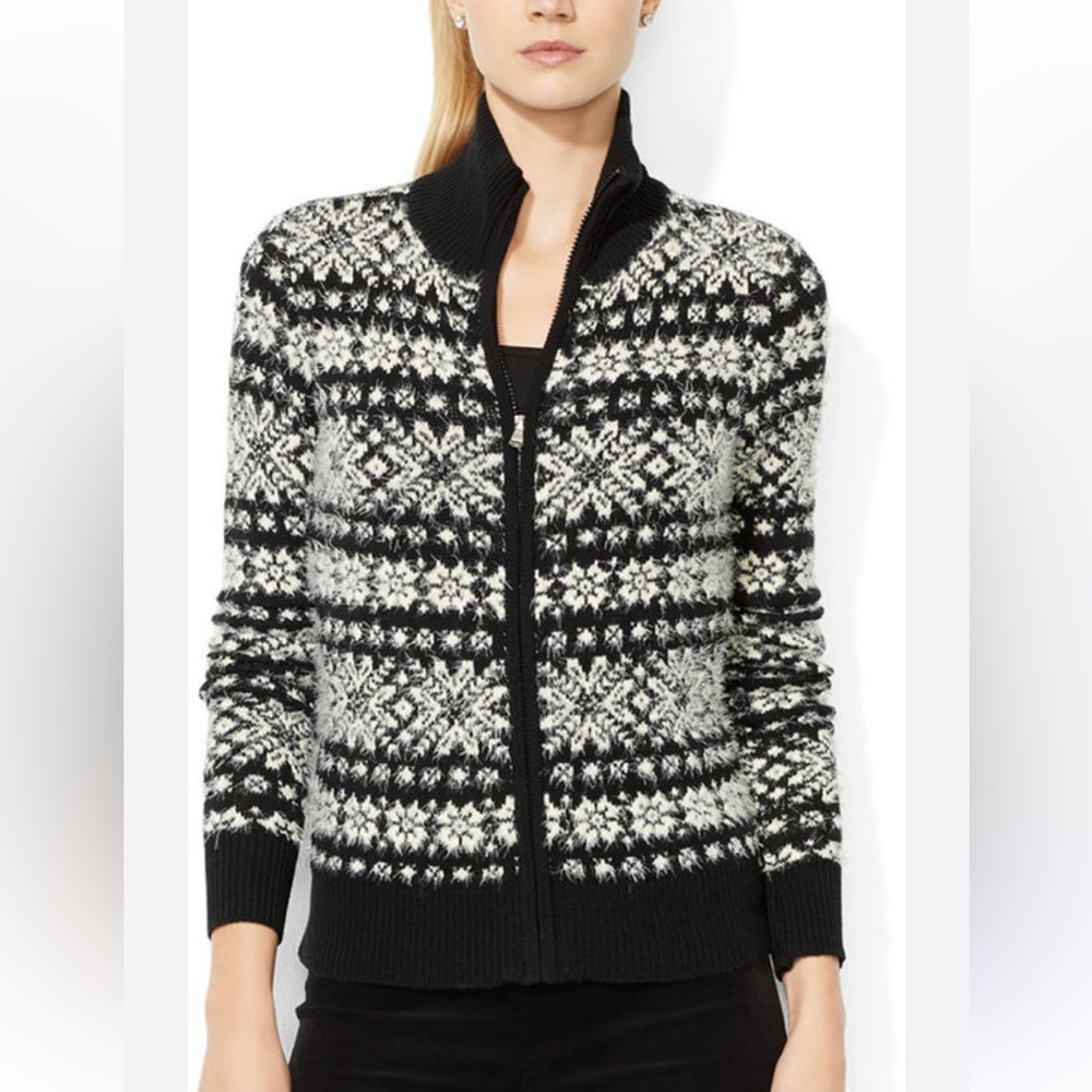 Lauren Ralph Lauren Active Eyelash Sweater Full Zip Fair Isle Black Soft White